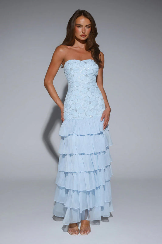 Elegant Strapless Sweetheart Neckline 3D Floral Sequin Embellished Tiered Ruffle Chiffon Mermaid Evening Dress For Formal Evening Prom Wedding Guest Bridesmaid Gala