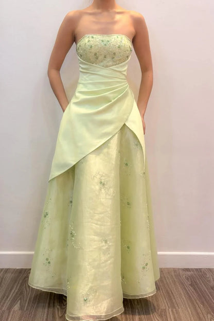 Elegant Strapless Sweetheart Neckline Beaded Embroidery Draped Bodice A Line Organza Evening Dress For Prom Wedding Guest Bridesmaid Gala