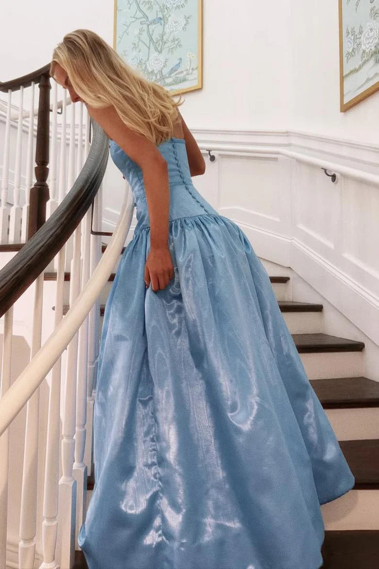Elegant Strapless Sweetheart Neckline Corset Back Bow Detail Organza Ball Gown Maxi Evening Dress For Formal Evening Prom Wedding Guest Bridesmaid Gala