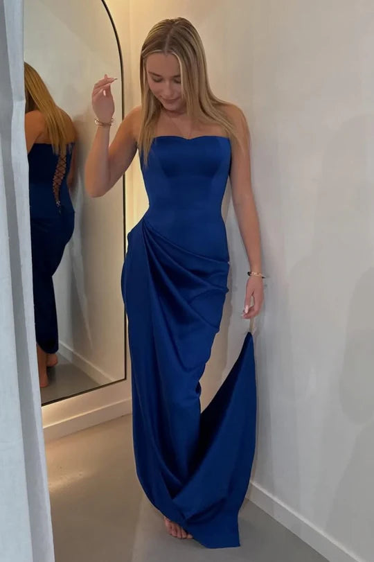 Elegant Strapless Sweetheart Neckline Draped Side Panel Train Satin Maxi Evening Dress For Formal Evening Prom Wedding Guest Gala Cocktail Party