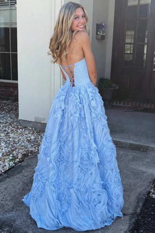 Elegant Strapless Sweetheart Neckline Open Back Lace Up Detail 3D Rose Ruffle Organza A Line Evening Dress For Formal Evening Prom Wedding Guest Bridesmaid Gala