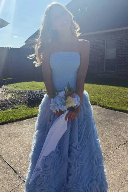 Elegant Strapless Sweetheart Neckline Open Back Lace Up Detail 3D Rose Ruffle Organza A Line Evening Dress For Formal Evening Prom Wedding Guest Bridesmaid Gala