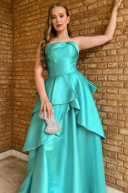 Elegant Strapless Sweetheart Neckline Oversized Bow Detail Asymmetrical Peplum Satin Maxi Evening Dress For Formal Evening Prom Wedding Guest Gala Cocktail Party