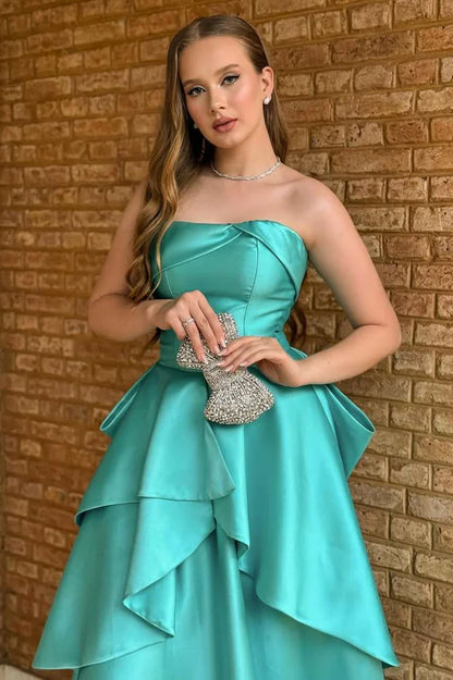 Elegant Strapless Sweetheart Neckline Oversized Bow Detail Asymmetrical Peplum Satin Maxi Evening Dress For Formal Evening Prom Wedding Guest Gala Cocktail Party
