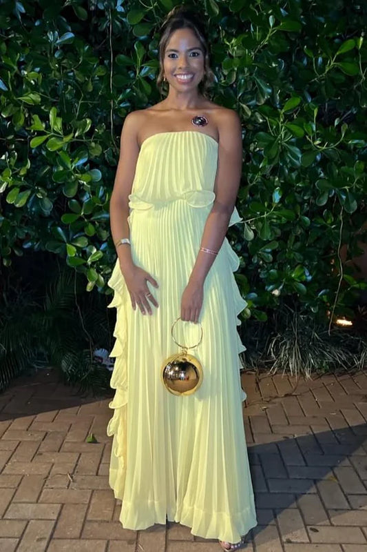 Elegant Strapless Sweetheart Neckline Pleated Bodice Cascading Ruffle Detail A Line Maxi Chiffon Evening Dress For Formal Evening Prom Wedding Guest Bridesmaid Cocktail Party Gala