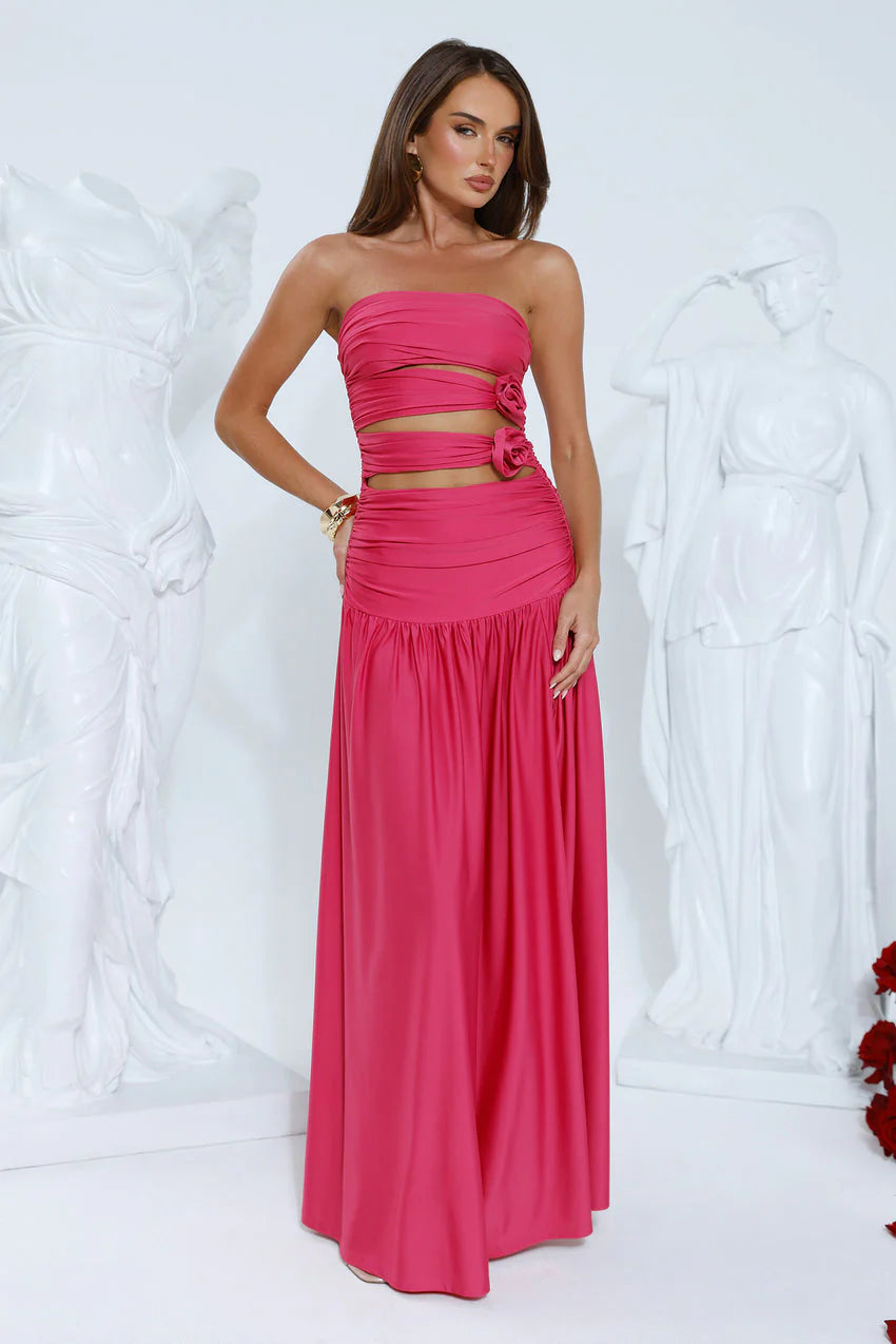 Elegant Strapless Sweetheart Neckline Ruched Bodice 3D Rose Flower Detail Cutout Waist A Line Maxi Evening Dress For Formal Evening Prom Wedding Guest Bridesmaid Cocktail Party Gala