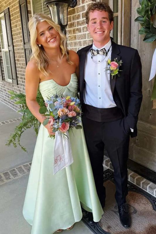 Elegant Strapless Sweetheart Neckline Ruched Bodice A Line Satin Evening Dress For Prom Wedding Guest Bridesmaid Formal Event