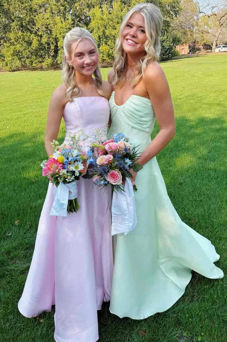 Elegant Strapless Sweetheart Neckline Ruched Bodice A Line Satin Evening Dress For Prom Wedding Guest Bridesmaid Formal Event