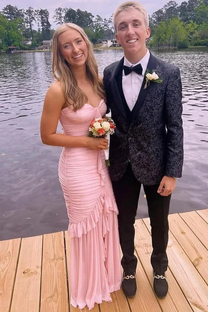 Elegant Strapless Sweetheart Neckline Ruched Bodice Cascading Ruffle Detail High Slit Mermaid Chiffon Evening Dress For Formal Evening Prom Wedding Guest Bridesmaid Gala