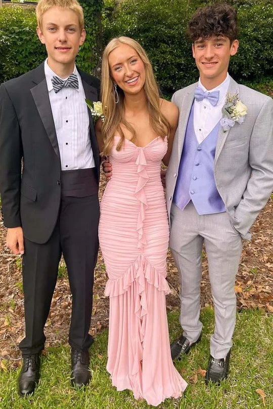 Elegant Strapless Sweetheart Neckline Ruched Bodice Cascading Ruffle Detail High Slit Mermaid Chiffon Evening Dress For Formal Evening Prom Wedding Guest Bridesmaid Gala
