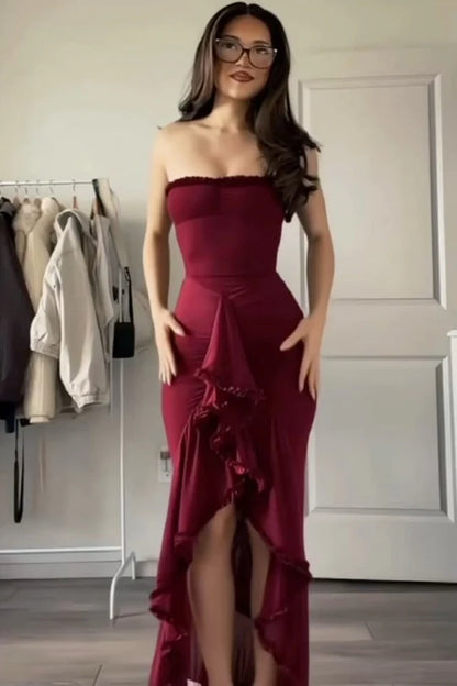 Elegant Strapless Sweetheart Neckline Ruched Bodice High Slit Ruffle Accent Mesh Mermaid Evening Dress For Formal Evening Prom Wedding Guest Bridesmaid Gala