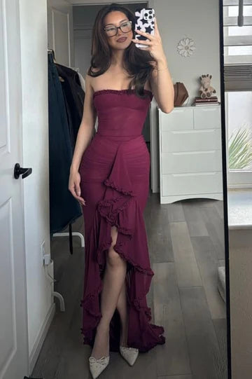 Elegant Strapless Sweetheart Neckline Ruched Bodice High Slit Ruffle Accent Mesh Mermaid Evening Dress For Formal Evening Prom Wedding Guest Bridesmaid Gala