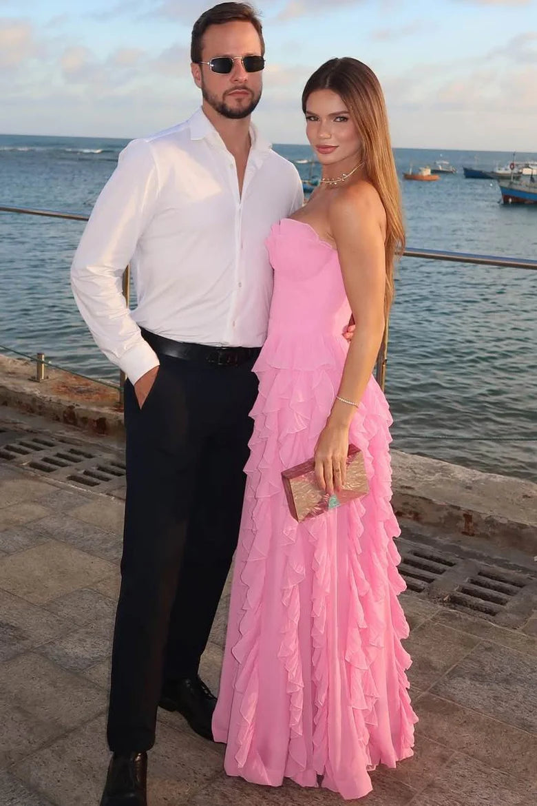 Elegant Strapless Sweetheart Neckline Tiered Ruffle A Line Maxi Chiffon Evening Dress For Formal Evening Prom Wedding Guest Bridesmaid Beach Wedding Gala