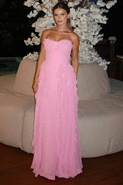 Elegant Strapless Sweetheart Neckline Tiered Ruffle A Line Maxi Chiffon Evening Dress For Formal Evening Prom Wedding Guest Bridesmaid Beach Wedding Gala