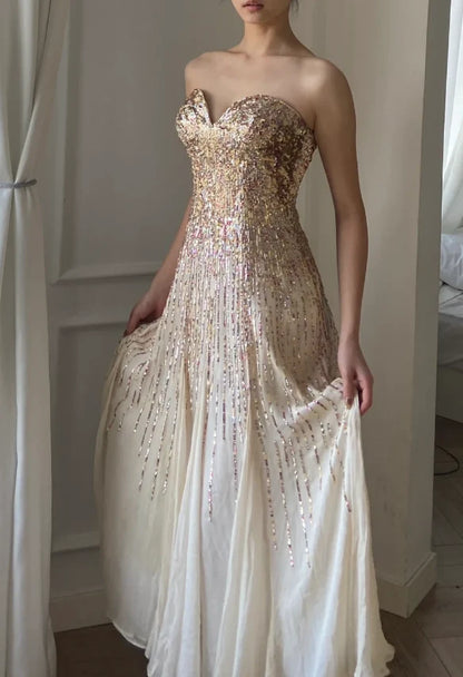 Elegant Strapless Sweetheart Prom Dress With Gold Sequin Ombre And Chiffon A Line Skirt For Formal Evening Party
