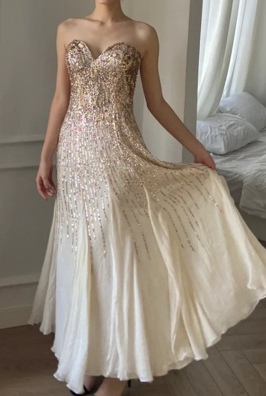 Elegant Strapless Sweetheart Prom Dress With Gold Sequin Ombre And Chiffon A Line Skirt For Formal Evening Party