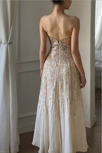 Elegant Strapless Sweetheart Prom Dress With Gold Sequin Ombre And Chiffon A Line Skirt For Formal Evening Party