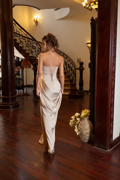 Elegant Strapless Sweetheart Ruched Bust Lace Up Back Draped Satin Mermaid Maxi Prom Dress For Formal Evening Wedding Guest
