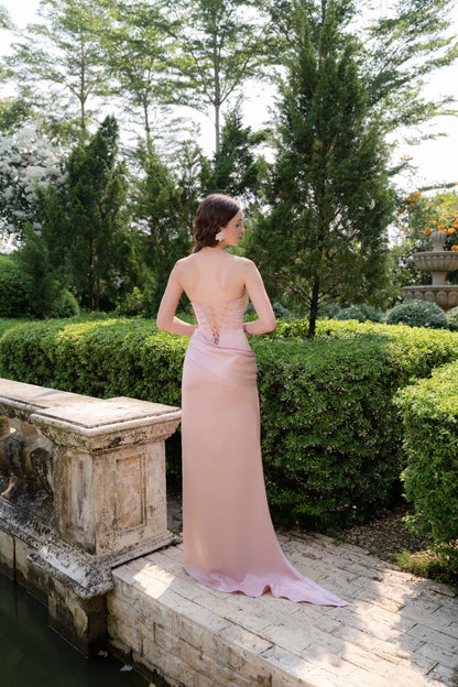 Elegant Strapless Sweetheart Ruched Waist Lace Up Back Satin Mermaid Maxi Prom Dress With Train For Formal Evening Wedding