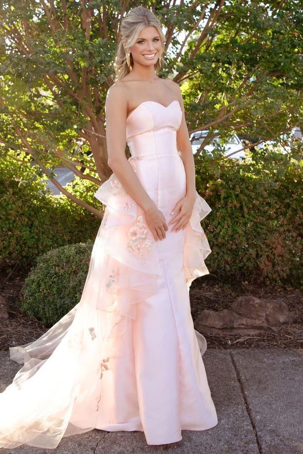 Elegant Strapless Sweetheart Ruffle Tulle 3D Floral Applique Mermaid Maxi Prom Dress With Train For Formal Evening Wedding Guest