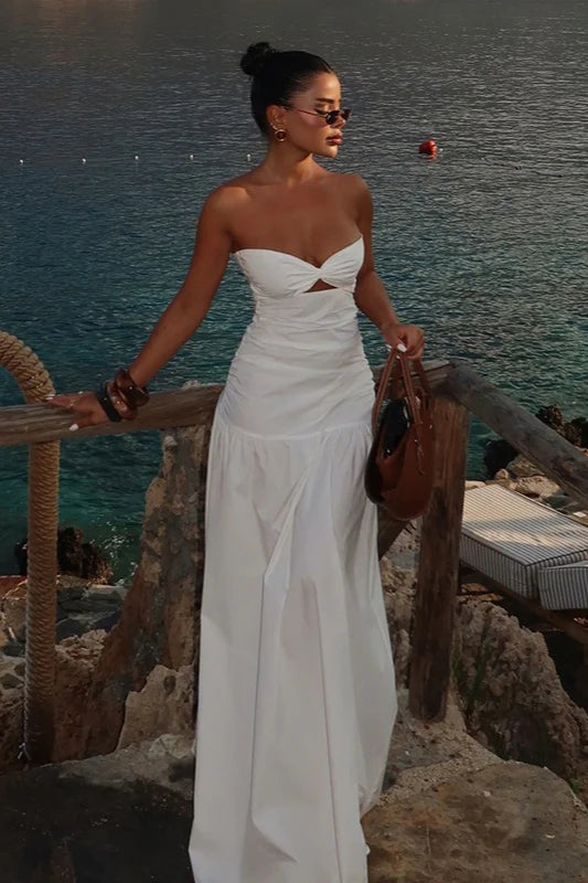 Elegant Strapless Twist Front Cutout Ruched Drop Waist Maxi Prom Dress For Wedding Guest Bridal Shower Formal Evening