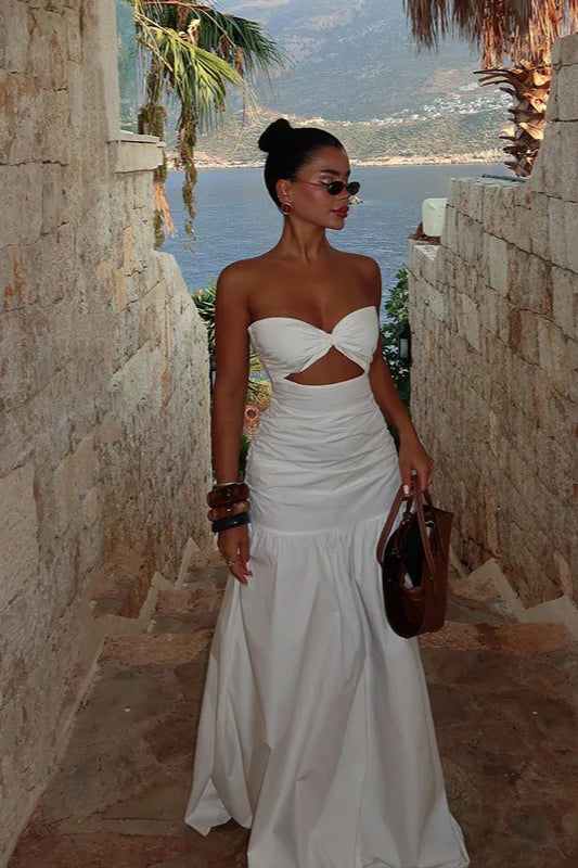 Elegant Strapless Twist Front Cutout Ruched Drop Waist Maxi Prom Dress For Wedding Guest Bridal Shower Formal Evening