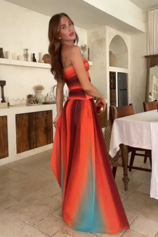 Elegant Strapless Twisted Cutout Ombre Chiffon A Line Maxi Prom Dress For Wedding Guest Bridal Shower Formal Evening