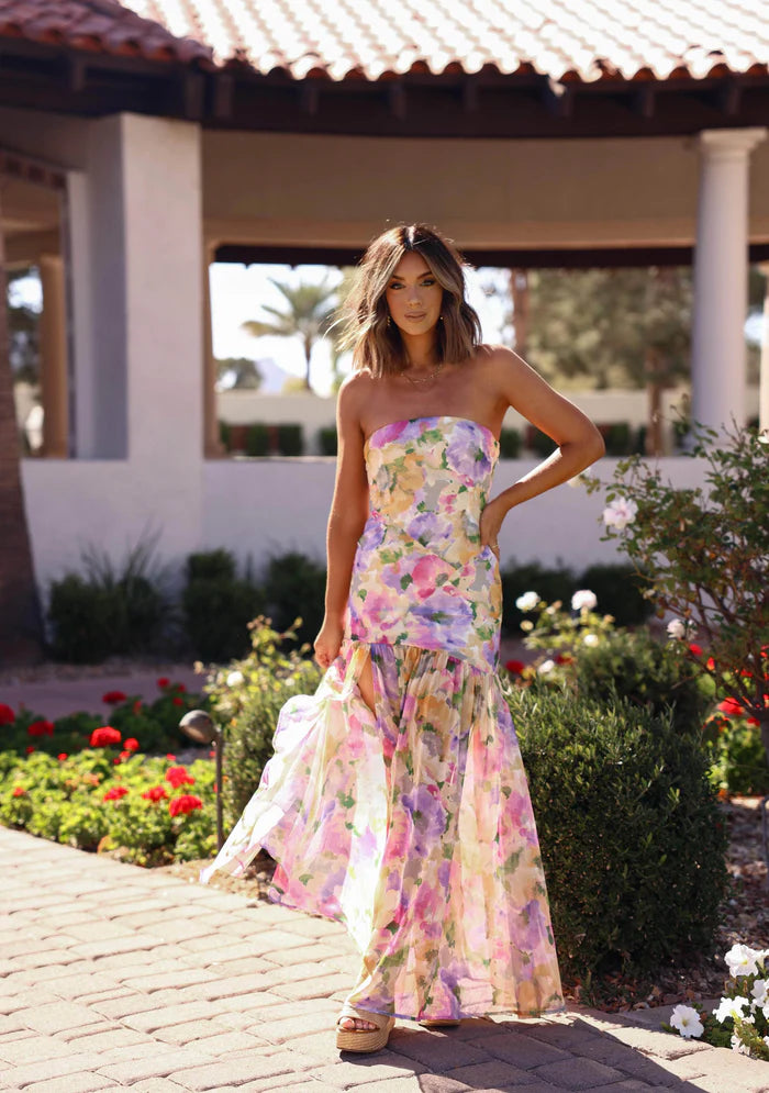 Elegant Strapless Watercolor Floral Print Tiered Maxi Prom Dress For Wedding Guest Bridal Shower Formal Evening