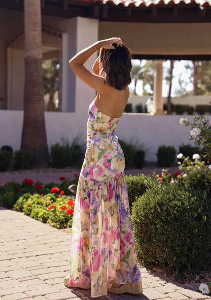 Elegant Strapless Watercolor Floral Print Tiered Maxi Prom Dress For Wedding Guest Bridal Shower Formal Evening