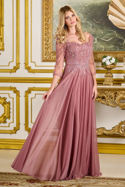 Elegant Sweetheart Neck 3/4 Sleeve Beaded Lace Applique A Line Maxi Prom Dress For Formal Evening Gala Wedding Guest Mother Of The Bride