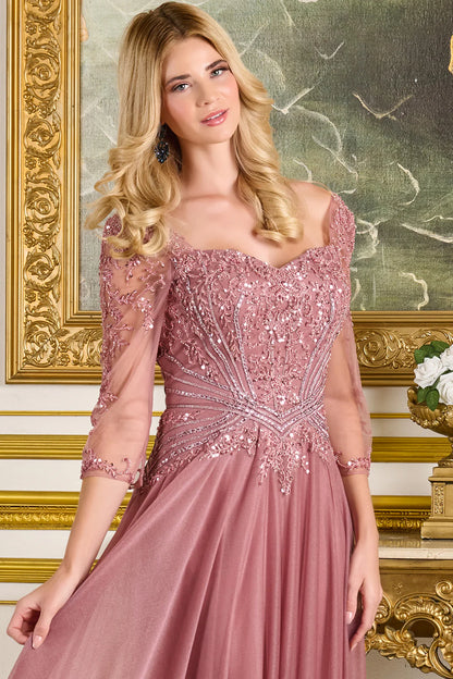 Elegant Sweetheart Neck 3/4 Sleeve Beaded Lace Applique A Line Maxi Prom Dress For Formal Evening Gala Wedding Guest Mother Of The Bride