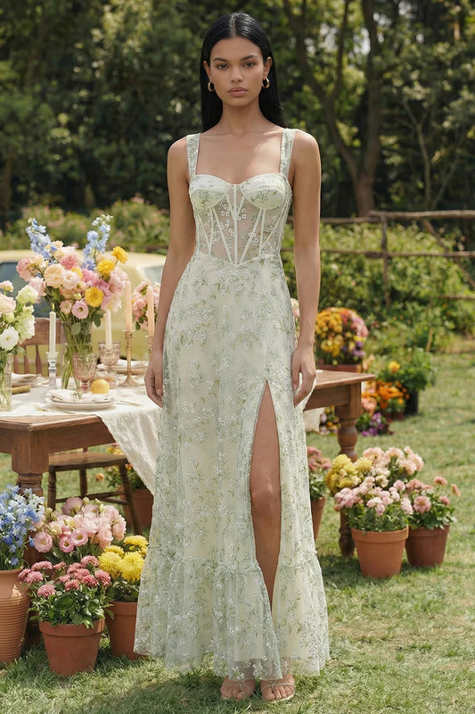 Elegant Sweetheart Neck Corset Bodice Floral Embroidered Lace Up Back Slit Tulle Maxi Prom Dress