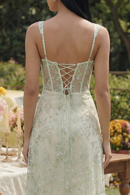Elegant Sweetheart Neck Corset Bodice Floral Embroidered Lace Up Back Slit Tulle Maxi Prom Dress