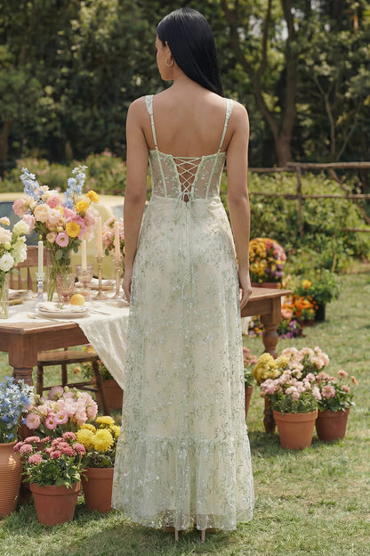 Elegant Sweetheart Neck Corset Bodice Floral Embroidered Lace Up Back Slit Tulle Maxi Prom Dress