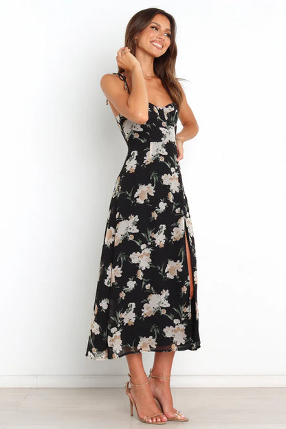 Elegant Sweetheart Neck Tie Strap Floral Print Chiffon Midi Prom Dress With Slit For Formal Evening Wedding Guest Bridesmaid Cocktail Party