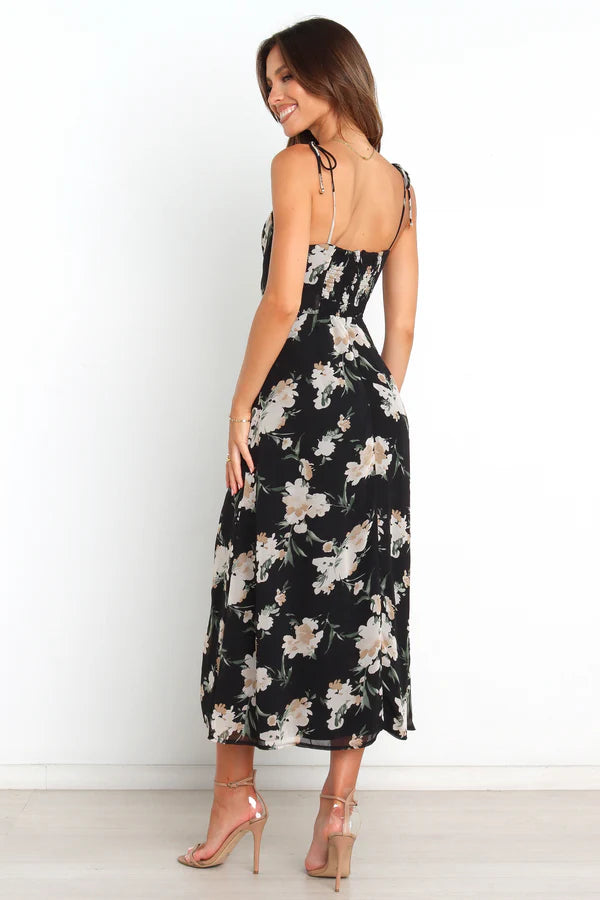Elegant Sweetheart Neck Tie Strap Floral Print Chiffon Midi Prom Dress With Slit For Formal Evening Wedding Guest Bridesmaid Cocktail Party