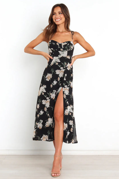 Elegant Sweetheart Neck Tie Strap Floral Print Chiffon Midi Prom Dress With Slit For Formal Evening Wedding Guest Bridesmaid Cocktail Party