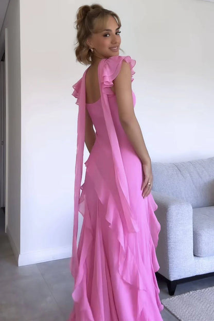 Elegant Sweetheart Neckline Ruffle Cap Sleeve Halter Tie Back Cascading Ruffle Satin Mermaid Evening Dress For Formal Evening Prom Wedding Guest Bridesmaid Gala