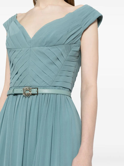 Elegant Teal Chiffon Pleated Off-the-Shoulder Evening Dress