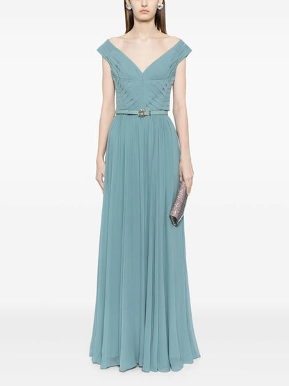 Elegant Teal Chiffon Pleated Off-the-Shoulder Evening Dress