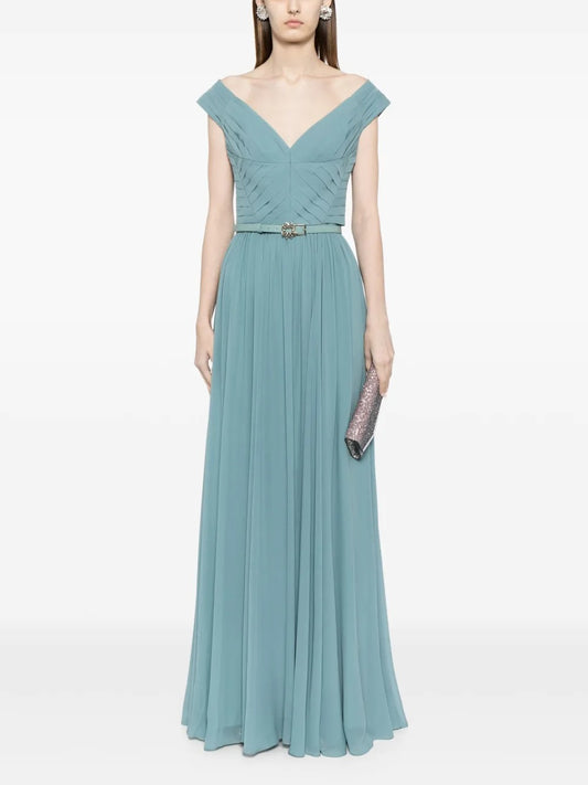 Elegant Teal Chiffon Pleated Off-the-Shoulder Evening Dress
