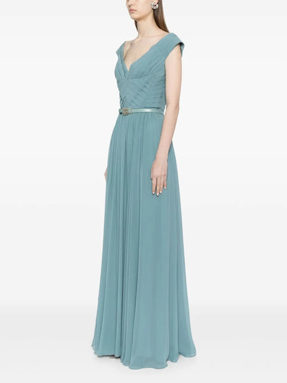 Elegant Teal Chiffon Pleated Off-the-Shoulder Evening Dress