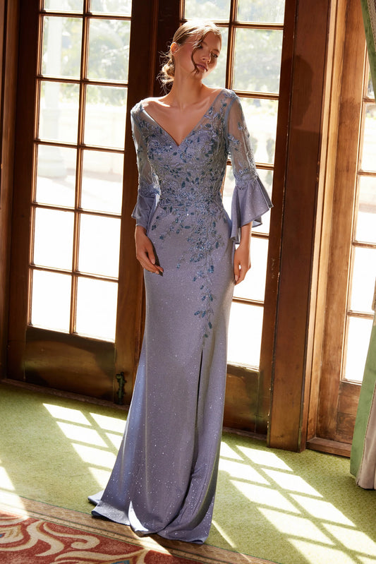 Elegant V Neck 3/4 Bell Sleeve Beaded Floral Lace Applique High Slit Mermaid Maxi Prom Dress For Formal Evening Gala Wedding Guest Mother Of The Bride