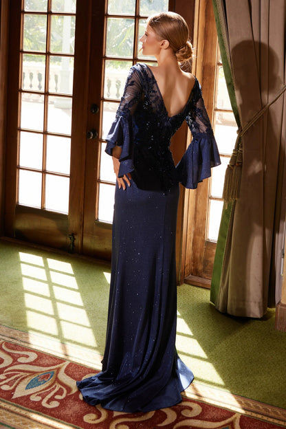 Elegant V Neck 3/4 Bell Sleeve Beaded Floral Lace Applique High Slit Mermaid Maxi Prom Dress For Formal Evening Gala Wedding Guest Mother Of The Bride