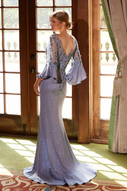 Elegant V Neck 3/4 Bell Sleeve Beaded Floral Lace Applique High Slit Mermaid Maxi Prom Dress For Formal Evening Gala Wedding Guest Mother Of The Bride