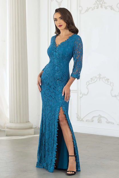 Elegant V Neck 3/4 Sleeve Beaded Floral Lace Applique High Slit Mermaid Maxi Prom Dress For Formal Evening Gala Wedding Guest Mother Of The Bride