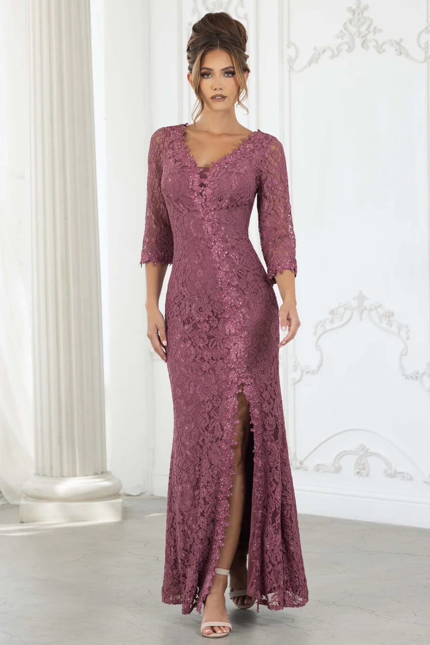 Elegant V Neck 3/4 Sleeve Beaded Floral Lace Applique High Slit Mermaid Maxi Prom Dress For Formal Evening Gala Wedding Guest Mother Of The Bride