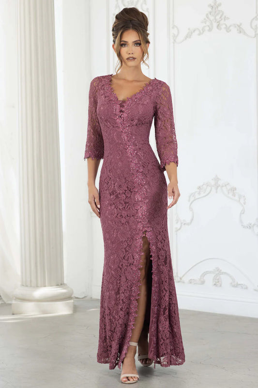 Elegant V Neck 3/4 Sleeve Beaded Floral Lace Applique High Slit Mermaid Maxi Prom Dress For Formal Evening Gala Wedding Guest Mother Of The Bride