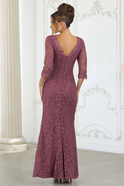 Elegant V Neck 3/4 Sleeve Beaded Floral Lace Applique High Slit Mermaid Maxi Prom Dress For Formal Evening Gala Wedding Guest Mother Of The Bride