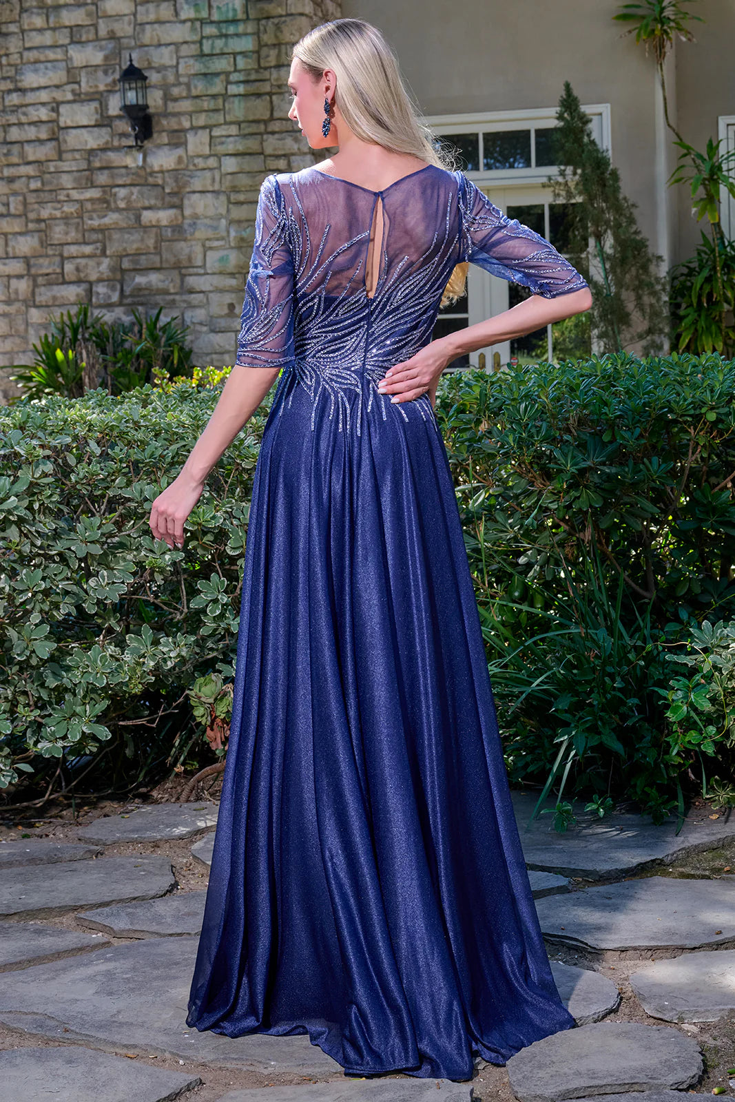Elegant V Neck 3/4 Sleeve Beaded Sheer Mesh Bodice A Line Maxi Prom Dress For Formal Evening Gala Wedding Guest Mother Of The Bride